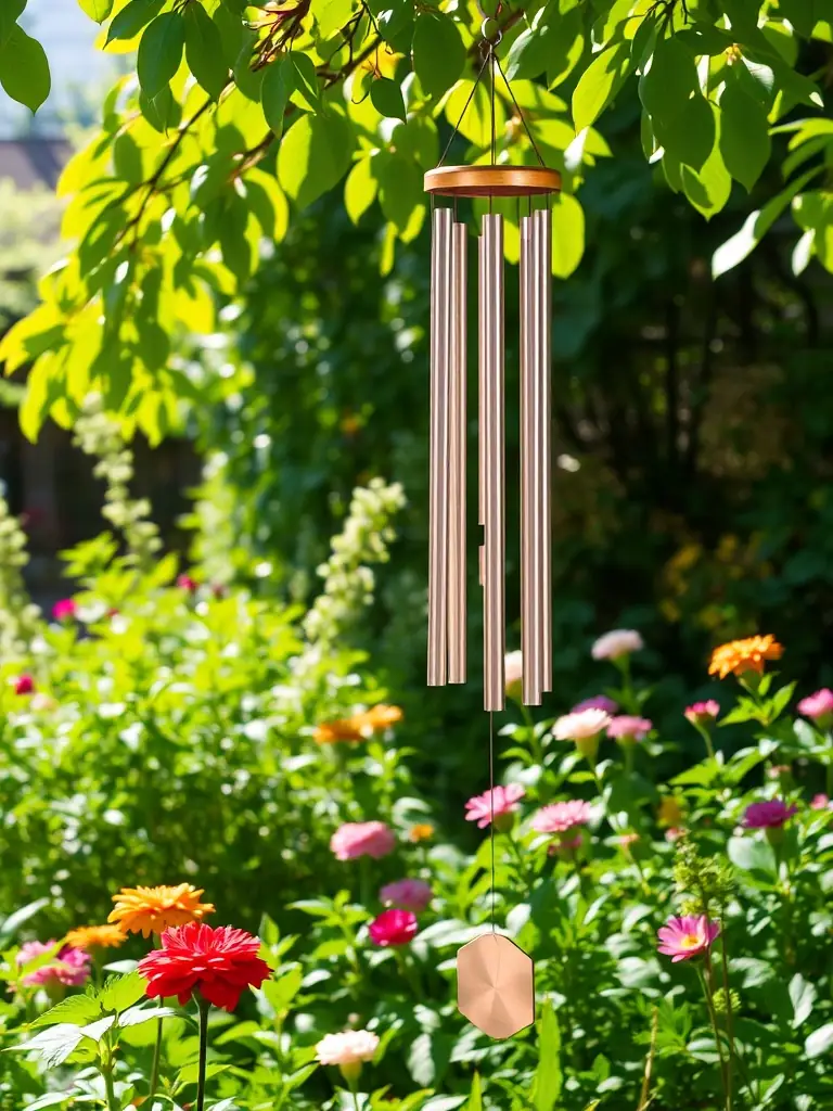 A serene image of Wind Chimes for Harmony gently swaying in a garden, capturing the soothing sounds and the enhanced energy flow they bring, as part of the MystiLives Energy Balance collection.