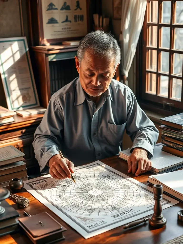A focused image of a Bazi expert analyzing a chart, surrounded by books and traditional tools, highlighting the depth and precision of Bazi analysis for MystiLives' learning section.