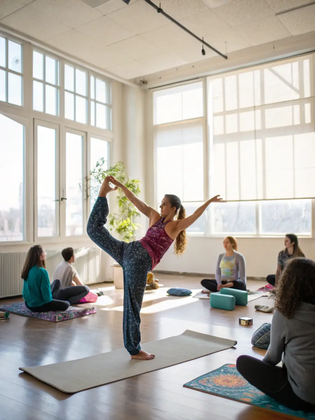 A serene image of a yoga instructor guiding a class in a sunlit studio, emphasizing mindfulness and physical well-being, suitable for MystiLives' learning and workshops section.