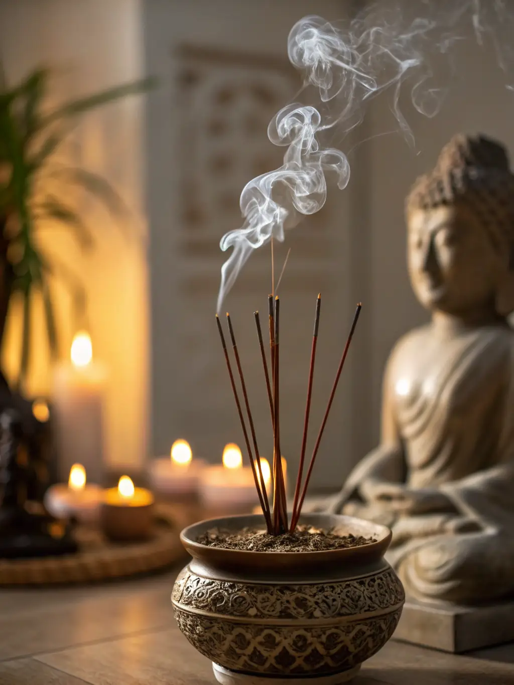 A close-up of Sandalwood Incense Sticks burning gently, with the smoke creating a calming atmosphere, emphasizing their grounding properties within the MystiLives Energy Balance collection.