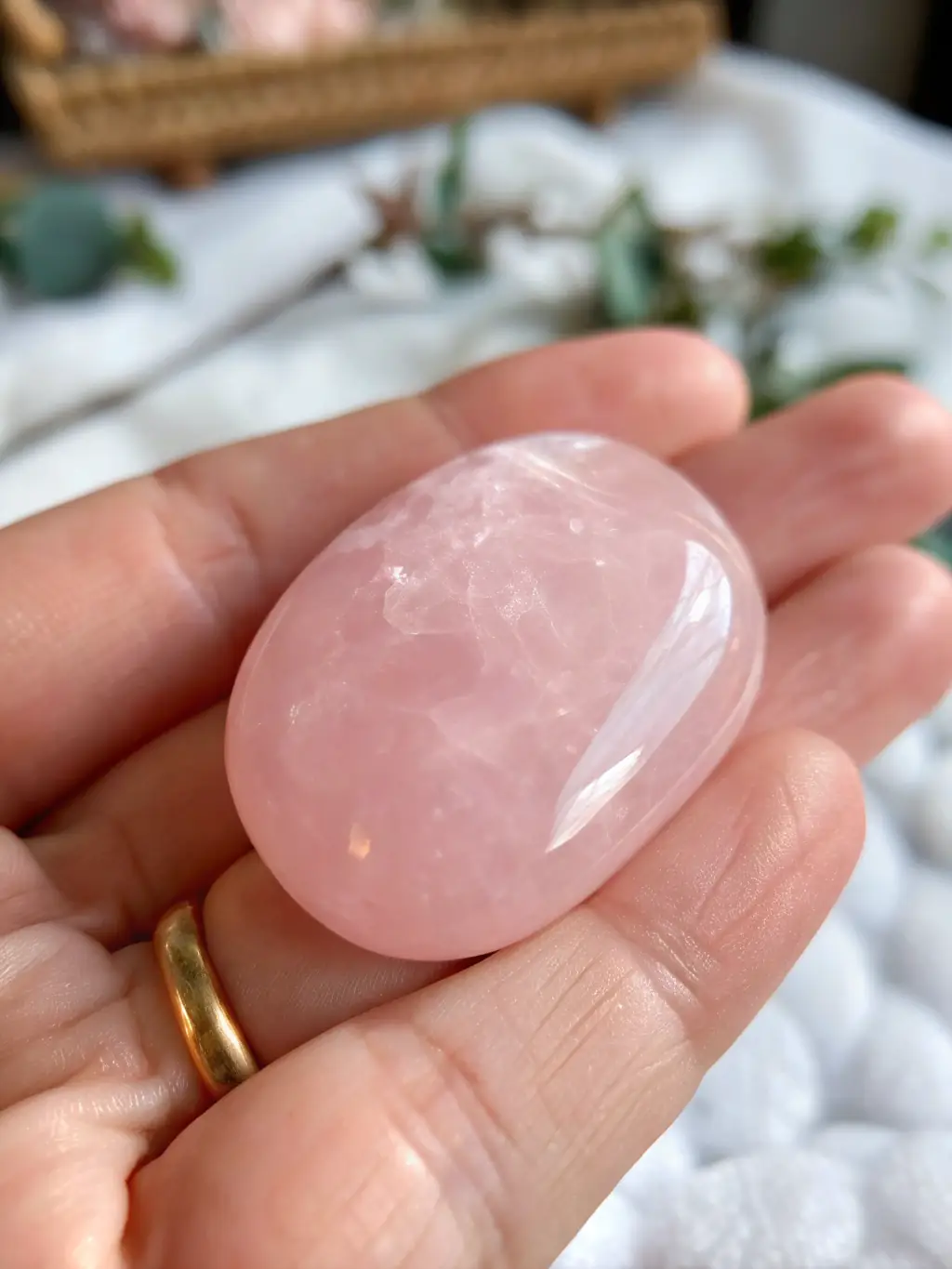 A close-up shot of a Rose Quartz Necklace, highlighting its heart-shaped pendant and the soft, pink hues of the stone, symbolizing love and emotional balance within the MystiLives Energy Balance collection.