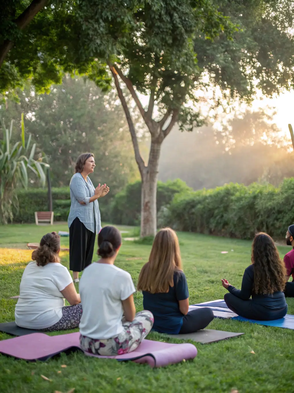 A peaceful image of a meditation instructor leading a group session, with participants in a tranquil setting, promoting relaxation and mindfulness for MystiLives' offerings.